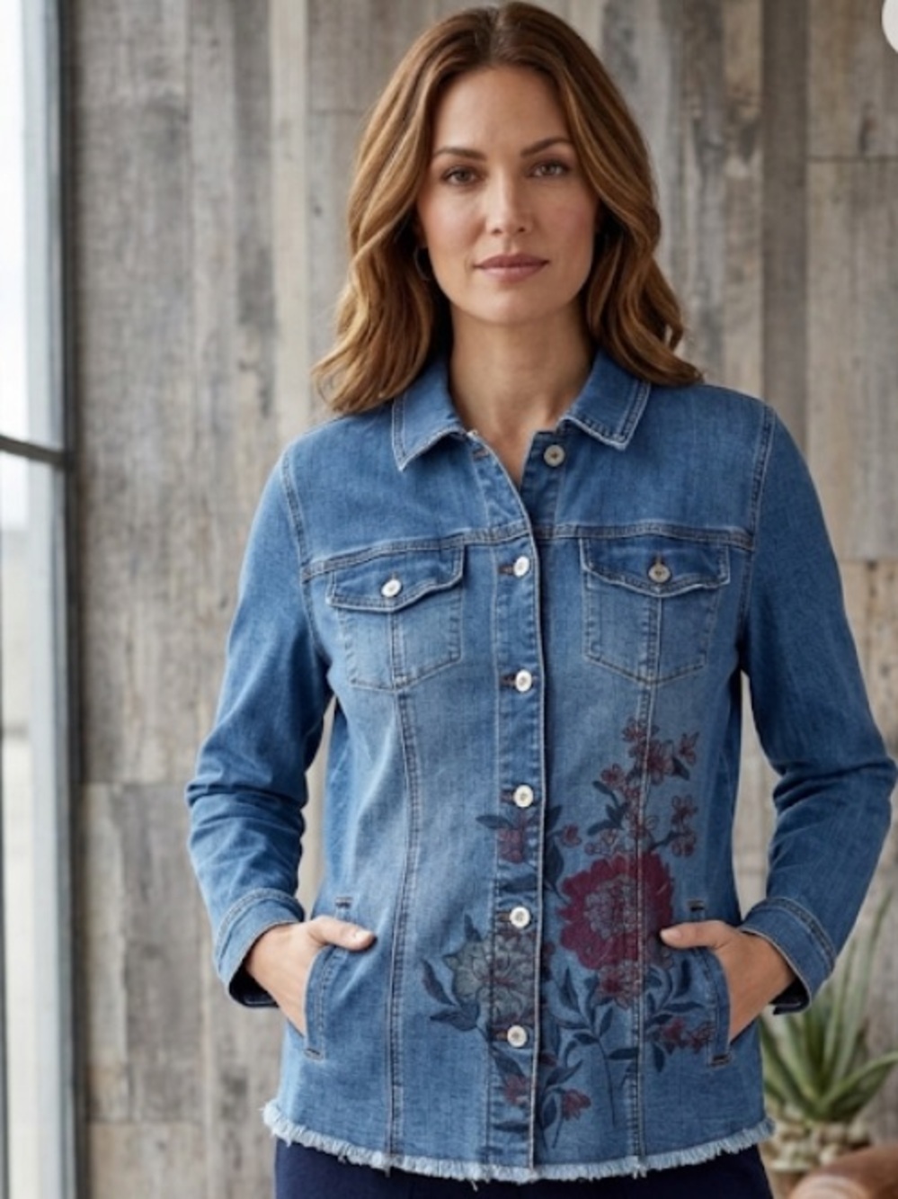 Women Chico's Denim Jacket with Red Floral Embroidery
